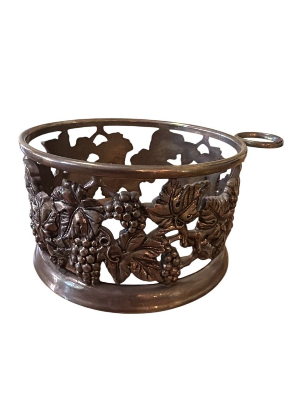 VTG Silver Plate Wine Bottle Coaster w Stopper/Cork Caddy- Grapes Design - Metal